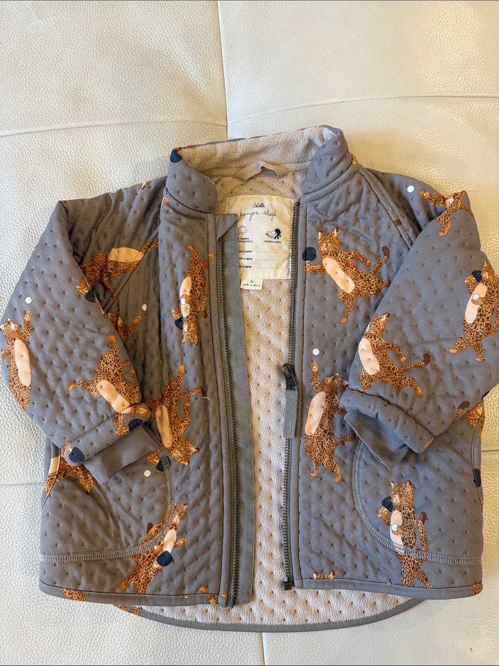 Grey Quilted Kids Puffer Jacket with Leopard Print
